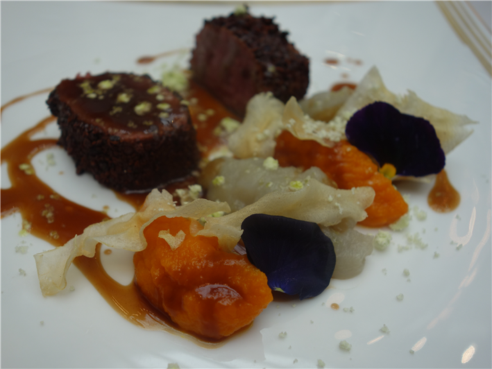 saddle of venison with cocoa beans