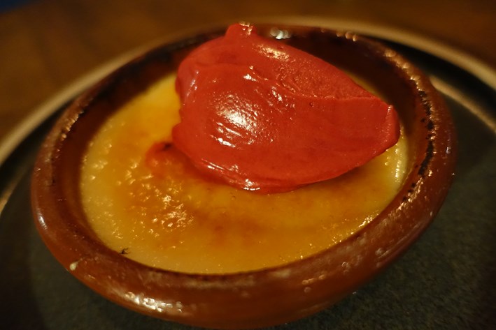 creme catalana and raspberry sorbet
