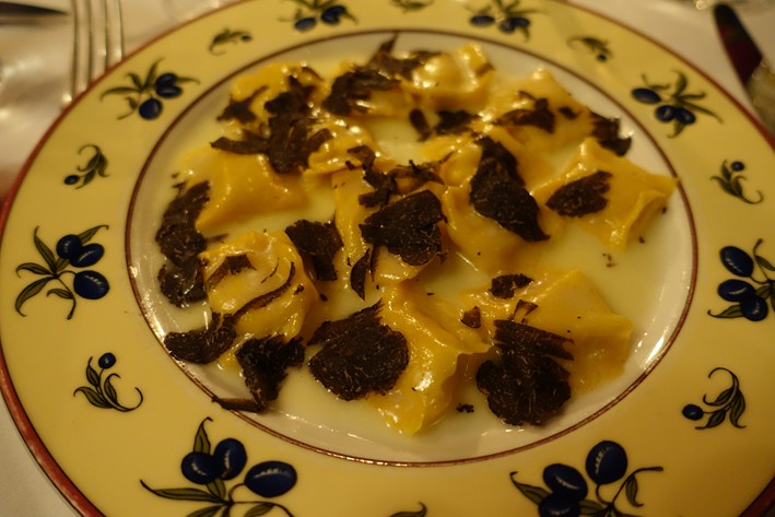 white corn ravioli with truffles