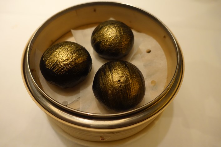 custard in charcoal egg