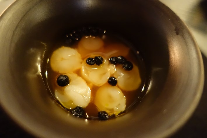 prawns with squid ink pearls