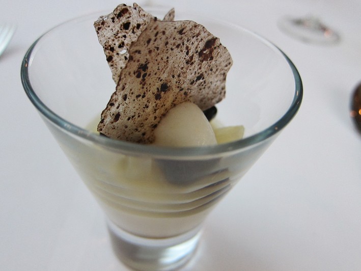 caramel with black olive tuile