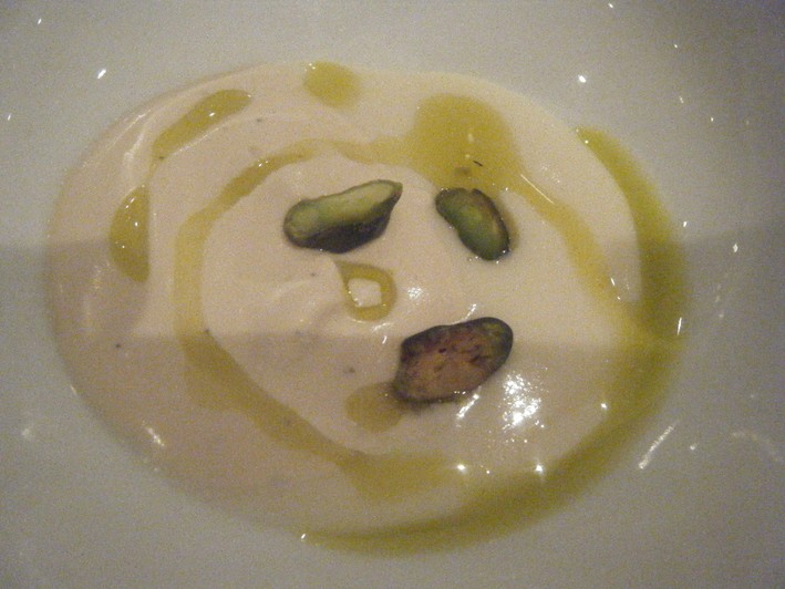 parsnip veloute with pistachios